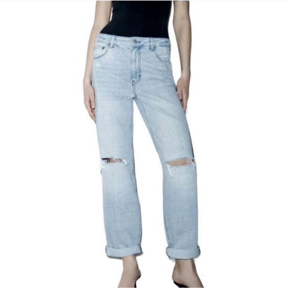 ZARA ZW MID-RISE BOYFRIEND JEANS RIPPED KNEE DISTRESSED GRUNGE BLUE 4 6840/058